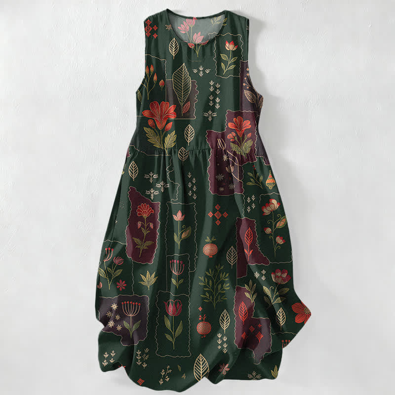 Buddha Stones Summer Casual Vintage Floral Patchwork Leaves Pattern Women's Summer Sleeveless Midi Dress With Pockets - DarkGreen - US16，UK/AU20，EU48 (3XL) - image 0