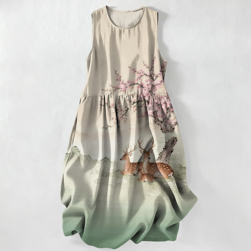 Buddha Stones Summer Casual Peach Blossom Tree Sika Deer Landscape Pattern Women's Summer Sleeveless Midi Dress With Pockets - Beige - US16，UK/AU20，EU48 (3XL) - image 0