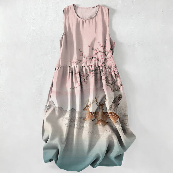 Buddha Stones Summer Casual Peach Blossom Tree Sika Deer Landscape Pattern Women's Summer Sleeveless Midi Dress With Pockets - LightPink - US16，UK/AU20，EU48 (3XL) - image 5