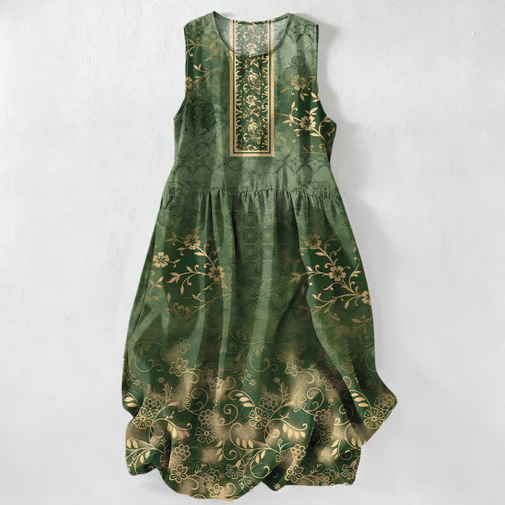 Buddha Stones Summer Casual Vintage Floral Vine Pattern Women's Summer Sleeveless Midi Dress With Pockets - DarkOliveGreen - US16，UK/AU20，EU48 (3XL) - image 4