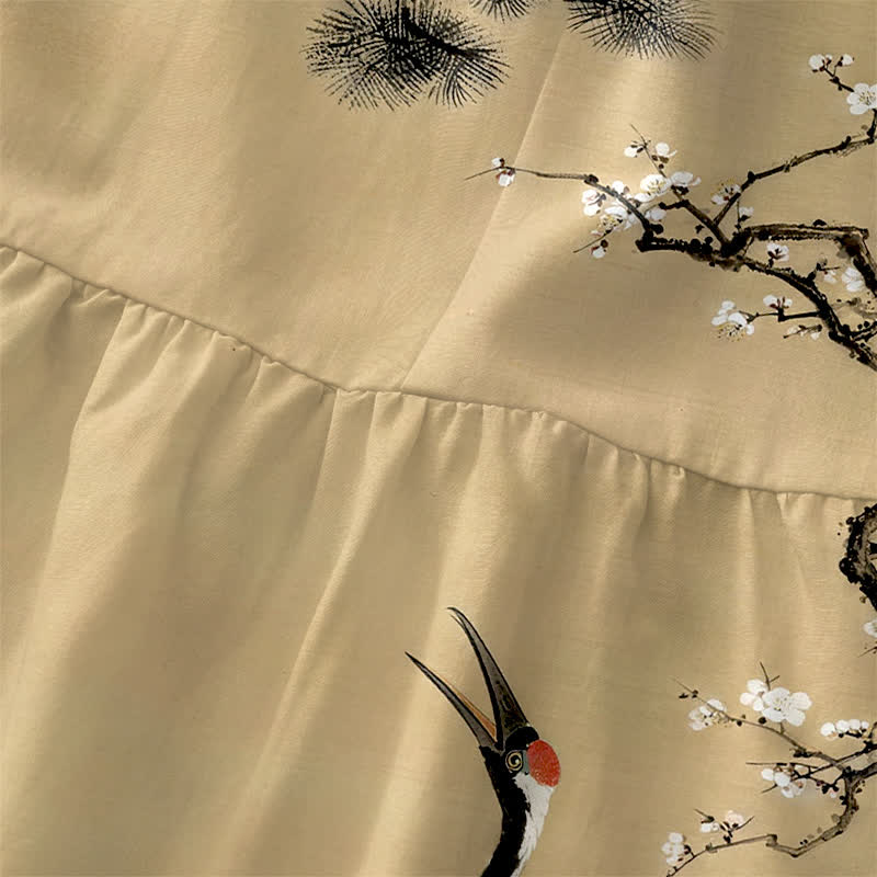 Buddha Stones Summer Casual Red Flower Crane Plum Blossom Pine Branches Pattern Women's Summer Sleeveless Midi Dress With Pockets - image 1