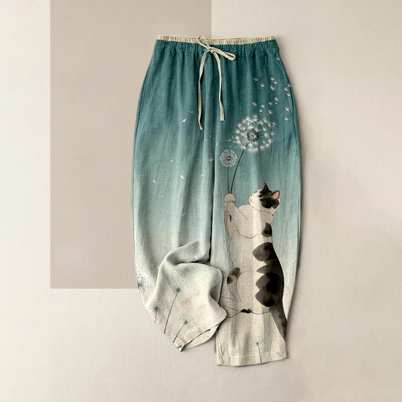 Buddha Stones Pure Cotton Dreamy Cow Cat Dandelion Pattern Women's Elastic Waist Pants With Pockets - CadetBlue - US16，UK/AU20，EU48 (3XL) - image 0