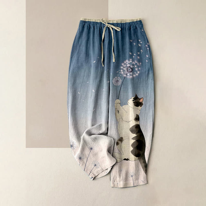 Buddha Stones Pure Cotton Dreamy Cow Cat Dandelion Pattern Women's Elastic Waist Pants With Pockets - SteelBlue - US16，UK/AU20，EU48 (3XL) - image 4