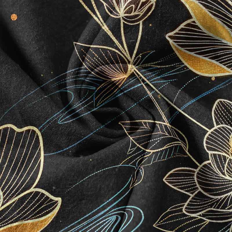 Buddha Stones Pure Cotton Koi Fish Gold Lotus Pattern Women's Elastic Waist Pants With Pockets - image 3