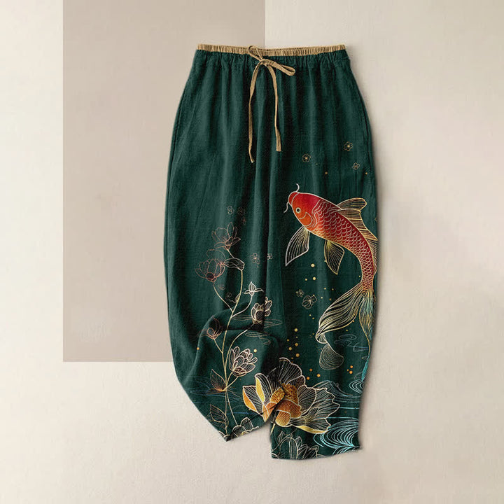 Buddha Stones Pure Cotton Koi Fish Gold Lotus Pattern Women's Elastic Waist Pants With Pockets - DarkGreen - US16，UK/AU20，EU48 (3XL) - image 4