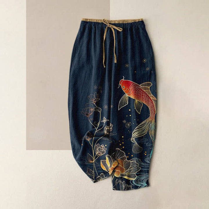 Buddha Stones Pure Cotton Koi Fish Gold Lotus Pattern Women's Elastic Waist Pants With Pockets - Navy - US16，UK/AU20，EU48 (3XL) - image 5