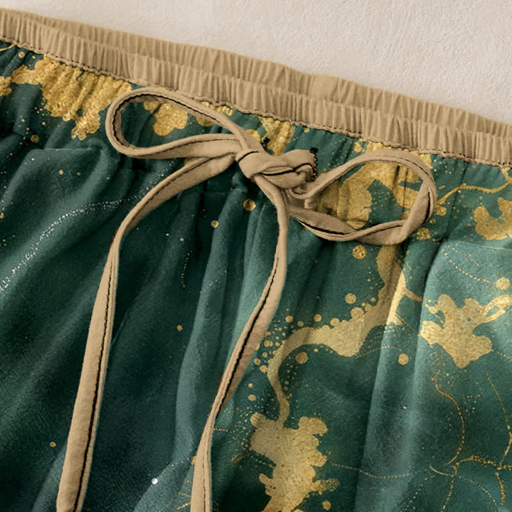 Buddha Stones Pure Cotton Elegant White Crane Gold Pattern Women's Elastic Waist Pants With Pockets - image 1