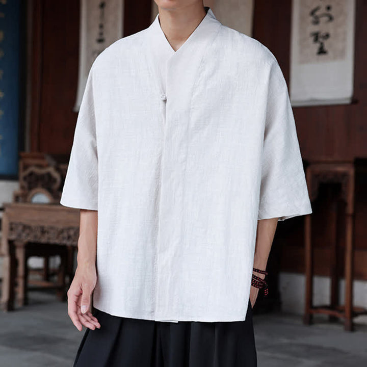 Buddha Stones Spring Summer Tang Style Minimalist Pankou Solid Men's Elbow-Length Shirts - image 18