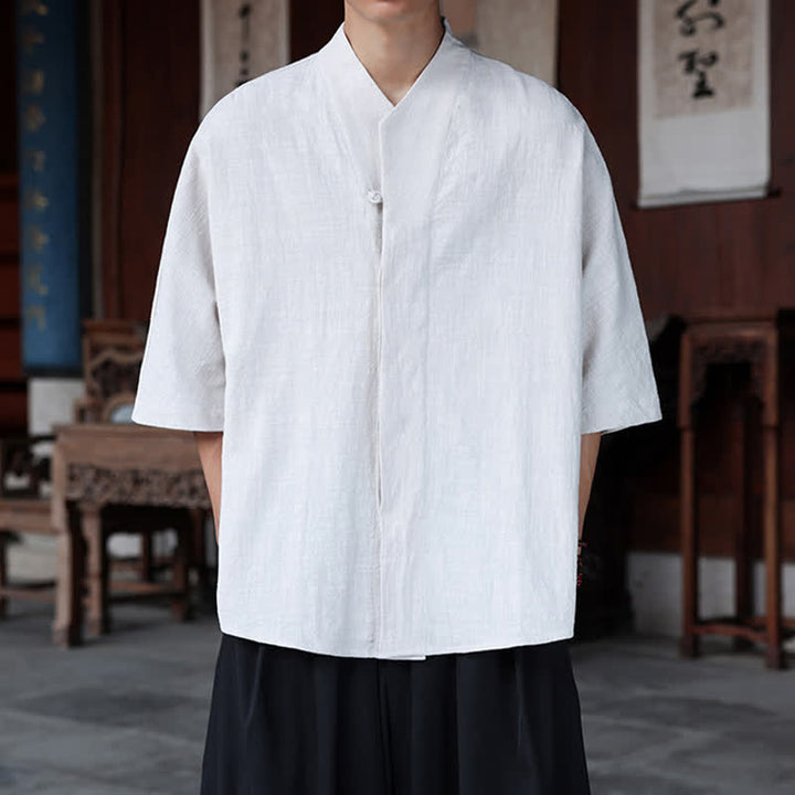 Buddha Stones Spring Summer Tang Style Minimalist Pankou Solid Men's Elbow-Length Shirts - WhiteSmoke - US/UK/AU46，EU56 (5XL) - image 17
