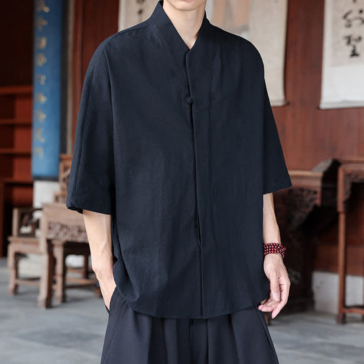 Buddha Stones Spring Summer Tang Style Minimalist Pankou Solid Men's Elbow-Length Shirts - image 10