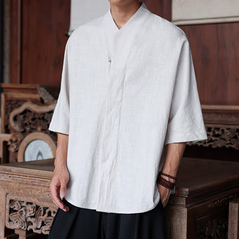 Buddha Stones Spring Summer Tang Style Minimalist Pankou Solid Men's Elbow-Length Shirts - image 21