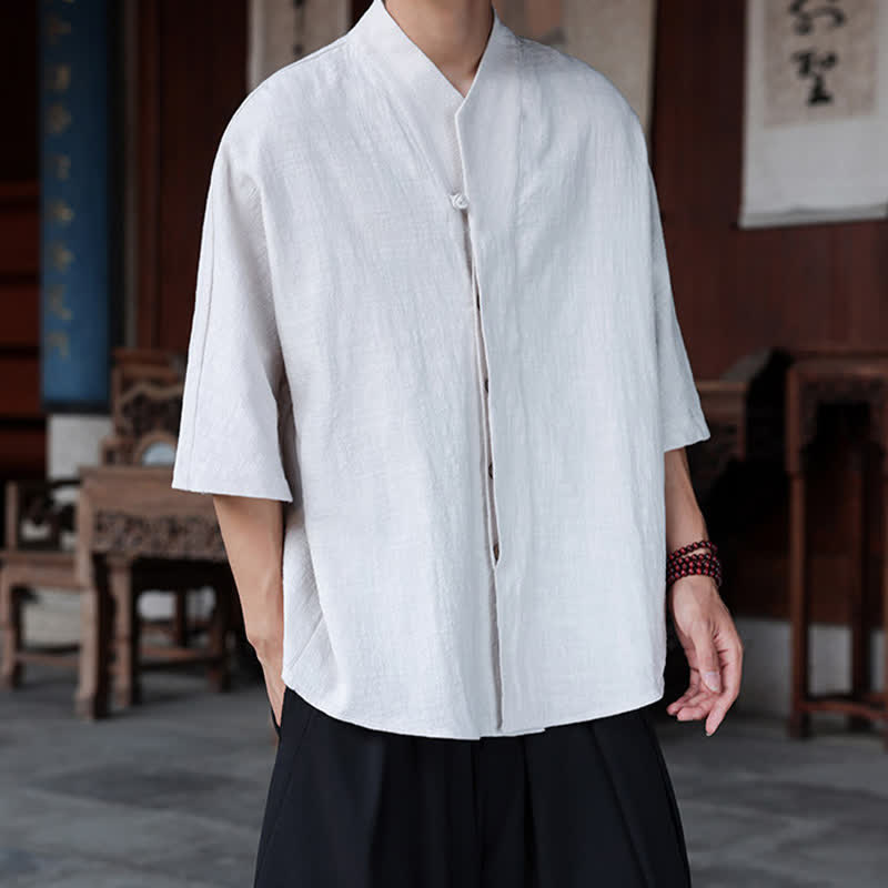Buddha Stones Spring Summer Tang Style Minimalist Pankou Solid Men's Elbow-Length Shirts - image 19