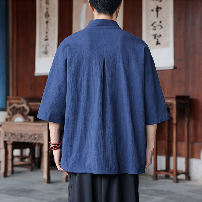 Buddha Stones Spring Summer Tang Style Minimalist Pankou Solid Men's Elbow-Length Shirts - image 3