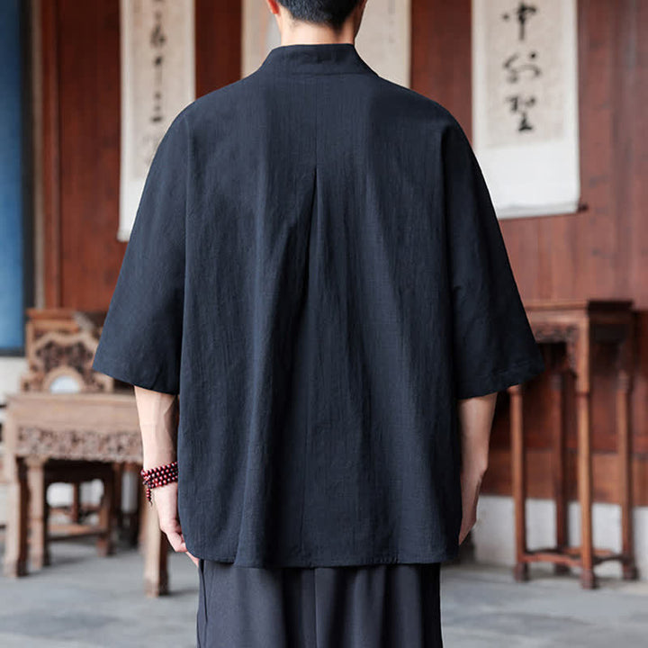 Buddha Stones Spring Summer Tang Style Minimalist Pankou Solid Men's Elbow-Length Shirts - image 12
