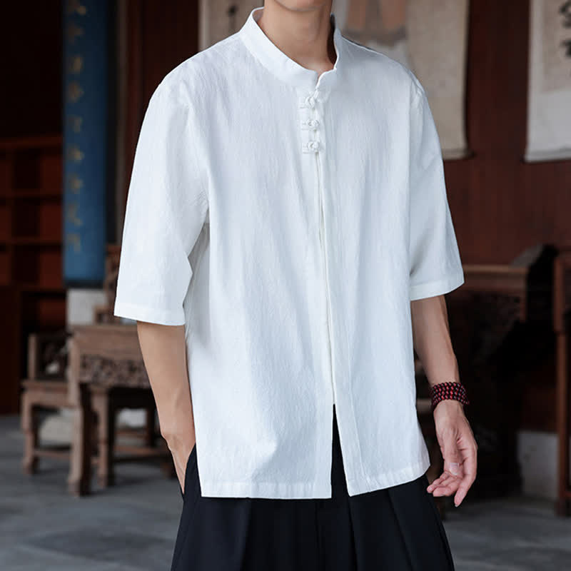 Buddha Stones Spring Summer Tang Style Casual Frog Button Solid Cotton Linen Men's Elbow-Length Sleeve Shirts - image 19