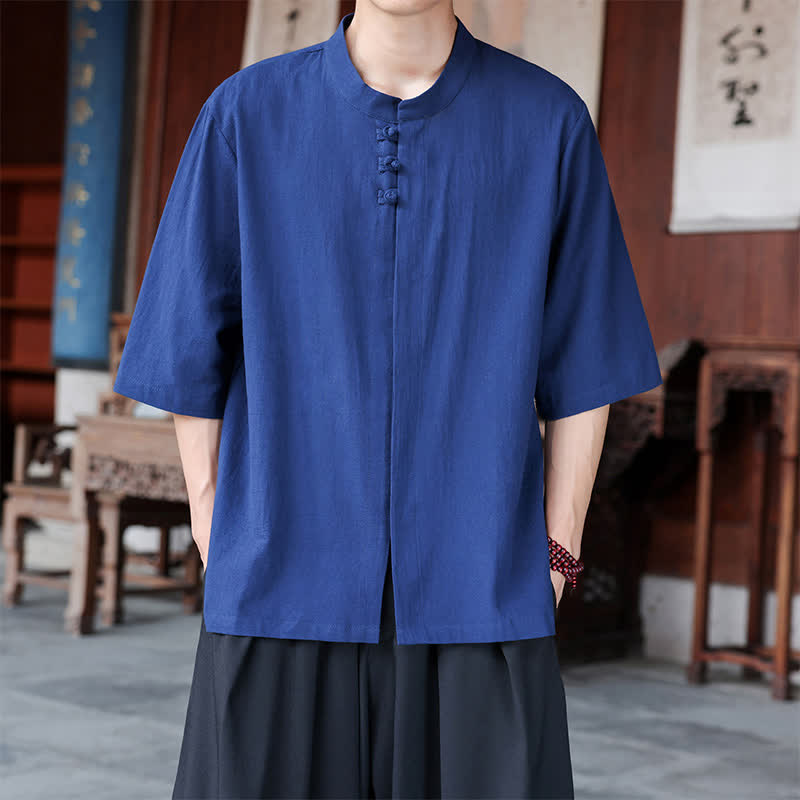 Buddha Stones Spring Summer Tang Style Casual Frog Button Solid Cotton Linen Men's Elbow-Length Sleeve Shirts - RoyalBlue - US/UK/AU46，EU56 (5XL) - image 0