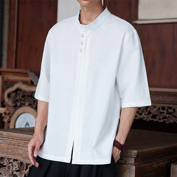 Buddha Stones Spring Summer Tang Style Casual Frog Button Solid Cotton Linen Men's Elbow-Length Sleeve Shirts - image 23