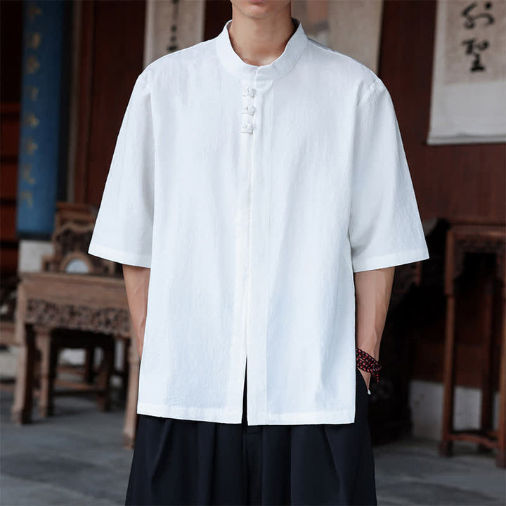 Buddha Stones Spring Summer Tang Style Casual Frog Button Solid Cotton Linen Men's Elbow-Length Sleeve Shirts - White - US/UK/AU46，EU56 (5XL) - image 18