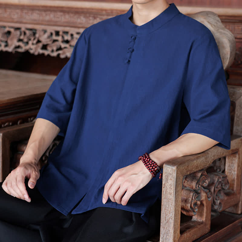 Buddha Stones Spring Summer Tang Style Casual Frog Button Solid Cotton Linen Men's Elbow-Length Sleeve Shirts - image 7