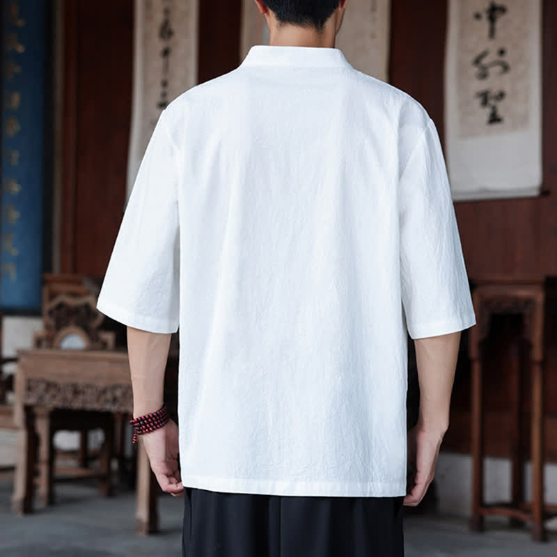 Buddha Stones Spring Summer Tang Style Casual Frog Button Solid Cotton Linen Men's Elbow-Length Sleeve Shirts - image 22
