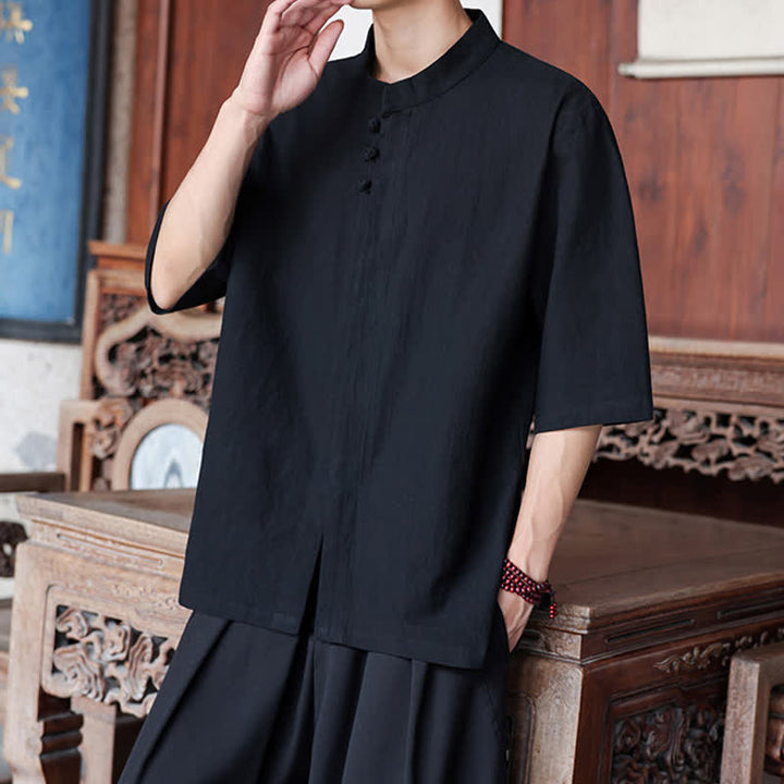 Buddha Stones Spring Summer Tang Style Casual Frog Button Solid Cotton Linen Men's Elbow-Length Sleeve Shirts - image 11