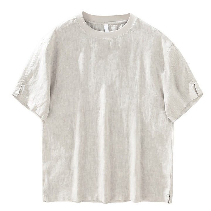 Buddha Stones Summer Casual Minimalist Solid Linen Crew Neck Men's Short Sleeve T-Shirts - image 3
