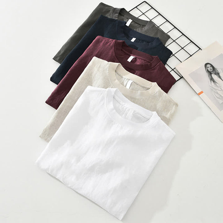Buddha Stones Summer Casual Minimalist Solid Linen Crew Neck Men's Short Sleeve T-Shirts - image 16