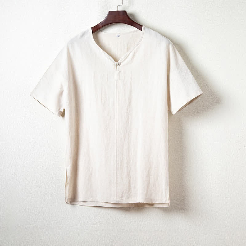 Buddha Stones Summer Casual Tang Style V-Neck Solid Men's Short Sleeve Shirts - Linen - US/UK/AU44，EU54 (4XL) - image 9