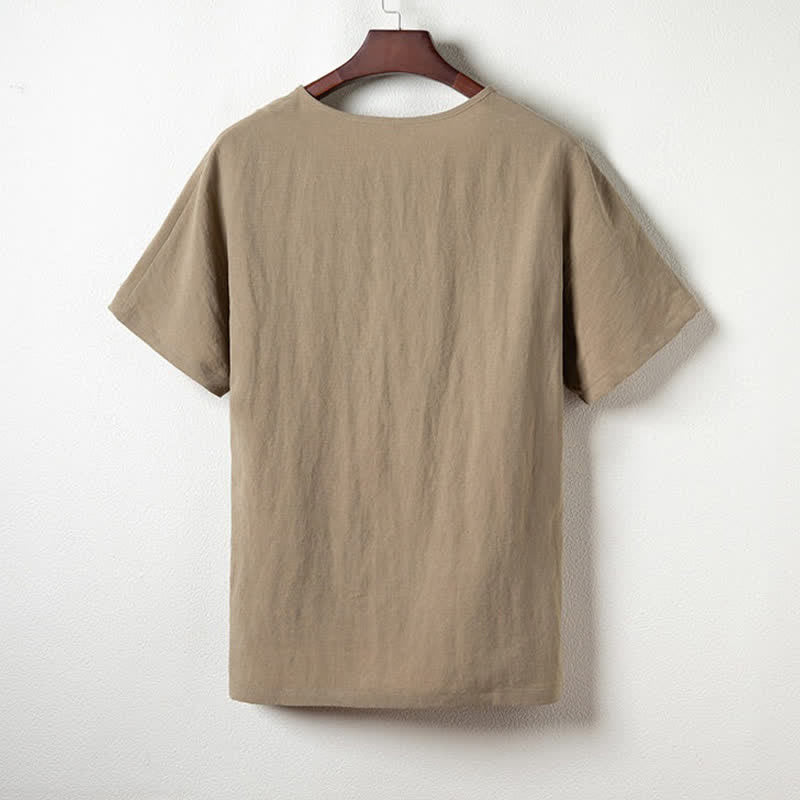 Buddha Stones Summer Casual Tang Style V-Neck Solid Men's Short Sleeve Shirts - image 2