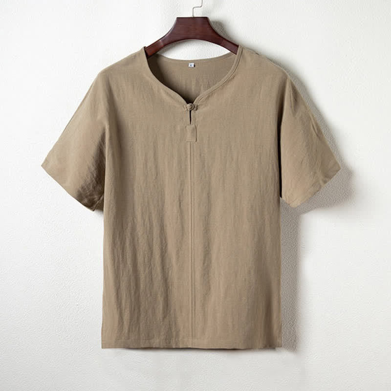 Buddha Stones Summer Casual Tang Style V-Neck Solid Men's Short Sleeve Shirts - image 1
