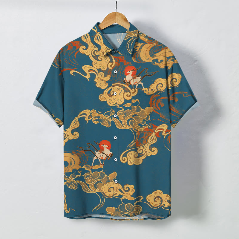 Buddha Stones Auspicious Cloud Celestial Crane Pattern Buttons Breathable Men's Short Sleeve Shirt - Teal - US/UK/AU48，EU58 (4XL) - image 7