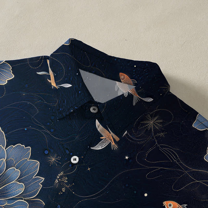 Buddha Stones Blue Koi Lotus Pattern Buttons Breathable Men's Short Sleeve Shirt - image 2