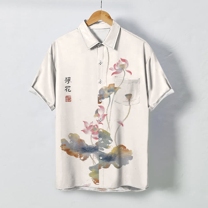Buddha Stones Ink Lotus Calligraphy Pattern Buttons Breathable Men's Short Sleeve Shirt - Ivory - US/UK/AU48，EU58 (4XL) - image 0