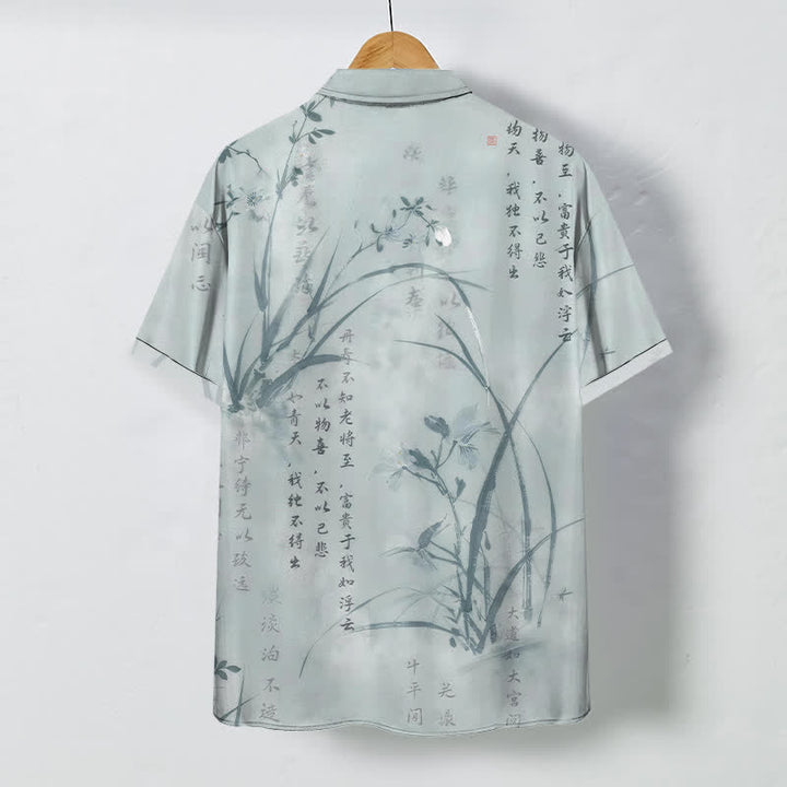 Buddha Stones Ink Bamboo Calligraphy Pattern Buttons Breathable Men's Short Sleeve Shirt - image 1
