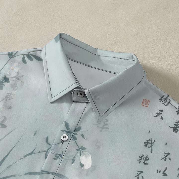 Buddha Stones Ink Bamboo Calligraphy Pattern Buttons Breathable Men's Short Sleeve Shirt - image 2