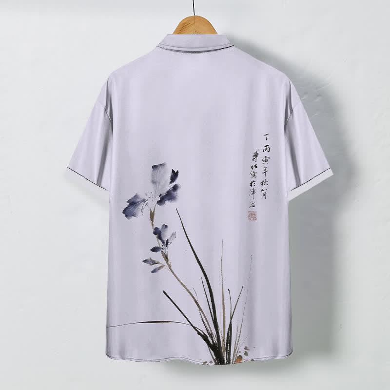 Buddha Stones Ink Floral Calligraphy Seal Pattern Buttons Breathable Men's Short Sleeve Shirt - image 1