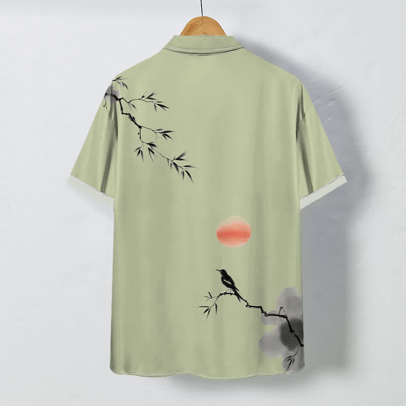 Buddha Stones Ink Bamboo Bird Sun Pattern Buttons Breathable Men's Short Sleeve Shirt - image 4