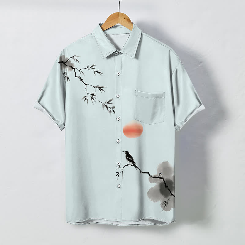Buddha Stones Ink Bamboo Bird Sun Pattern Buttons Breathable Men's Short Sleeve Shirt - LightCyan - US/UK/AU48，EU58 (4XL) - image 5