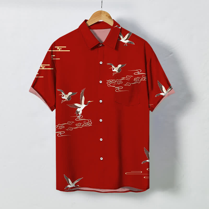 Buddha Stones Red Crane Cloud Pattern Buttons Wrinkle-resistant Men's Short Sleeve Shirt - FireBrick - US/UK/AU48，EU58 (4XL) - image 0