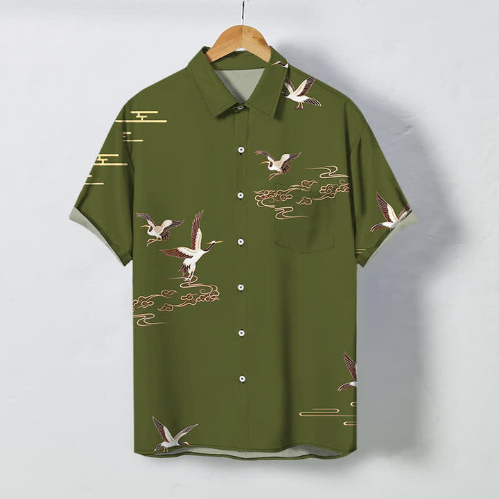 Buddha Stones Red Crane Cloud Pattern Buttons Wrinkle-resistant Men's Short Sleeve Shirt - DarkOliveGreen - US/UK/AU48，EU58 (4XL) - image 7