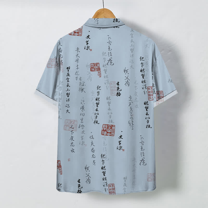 Buddha Stones Chinese Calligraphy Red Seal Pattern Buttons Breathable Men's Short Sleeve Shirt - image 1