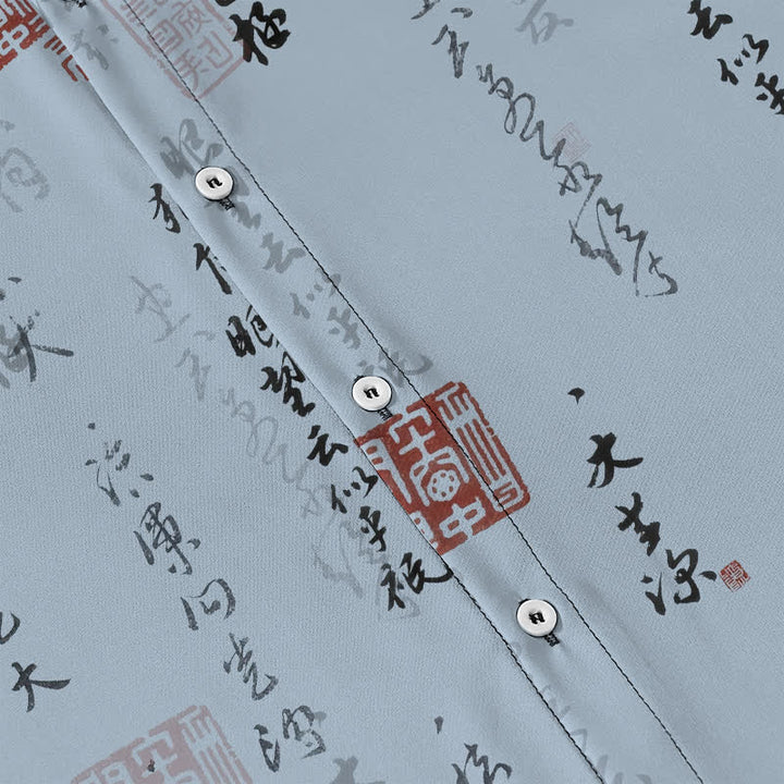 Buddha Stones Chinese Calligraphy Red Seal Pattern Buttons Breathable Men's Short Sleeve Shirt - image 3