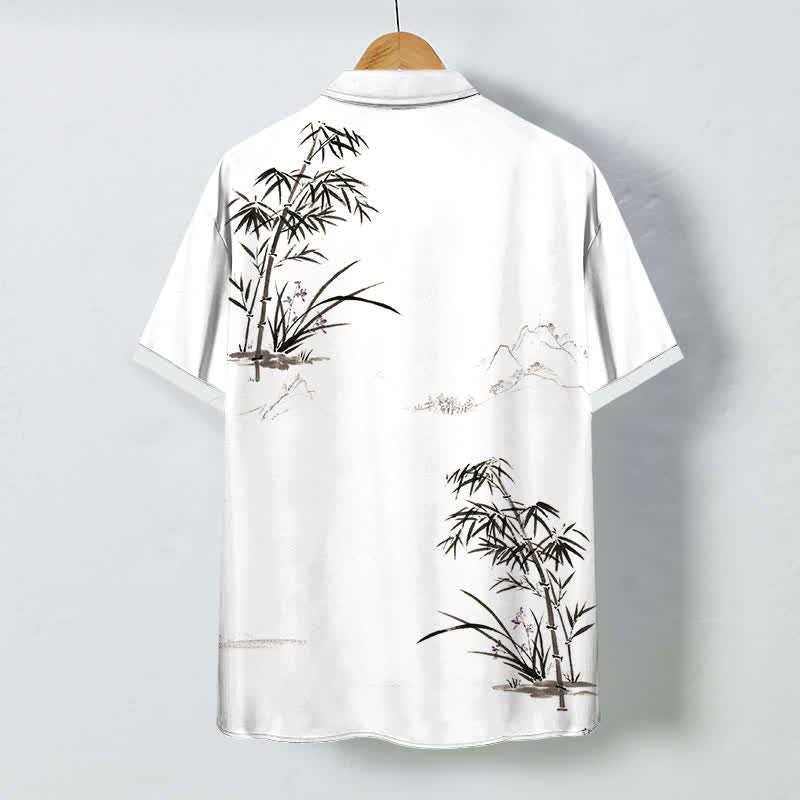 Buddha Stones Ink Bamboo Landscape Pattern Buttons Breathable Men's Short Sleeve Shirt - image 1