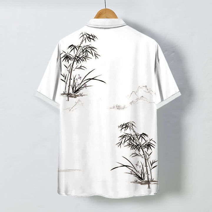 Buddha Stones Ink Bamboo Landscape Pattern Buttons Breathable Men's Short Sleeve Shirt - image 1