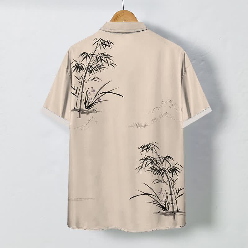 Buddha Stones Ink Bamboo Landscape Pattern Buttons Breathable Men's Short Sleeve Shirt - image 6