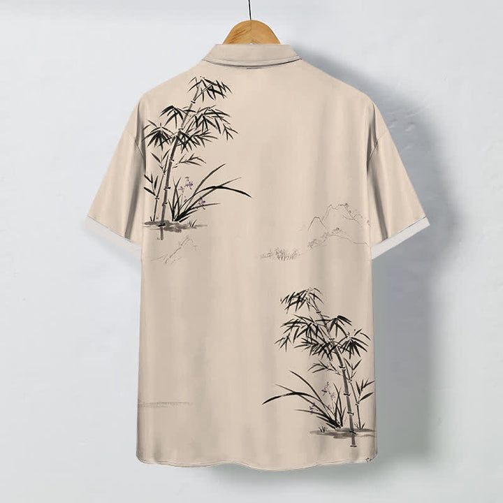 Buddha Stones Ink Bamboo Landscape Pattern Buttons Breathable Men's Short Sleeve Shirt - image 6