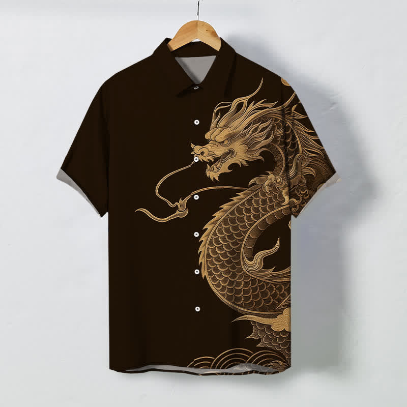 Buddha Stones Golden Eastern Dragon Pattern Buttons Breathable Men's Short Sleeve Shirt - SaddleBrown - US/UK/AU48，EU58 (4XL) - image 0