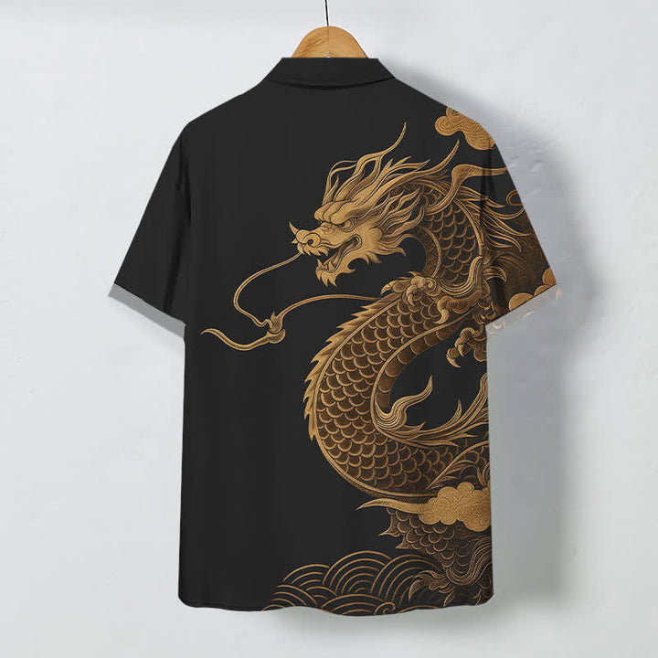Buddha Stones Golden Eastern Dragon Pattern Buttons Breathable Men's Short Sleeve Shirt - image 6