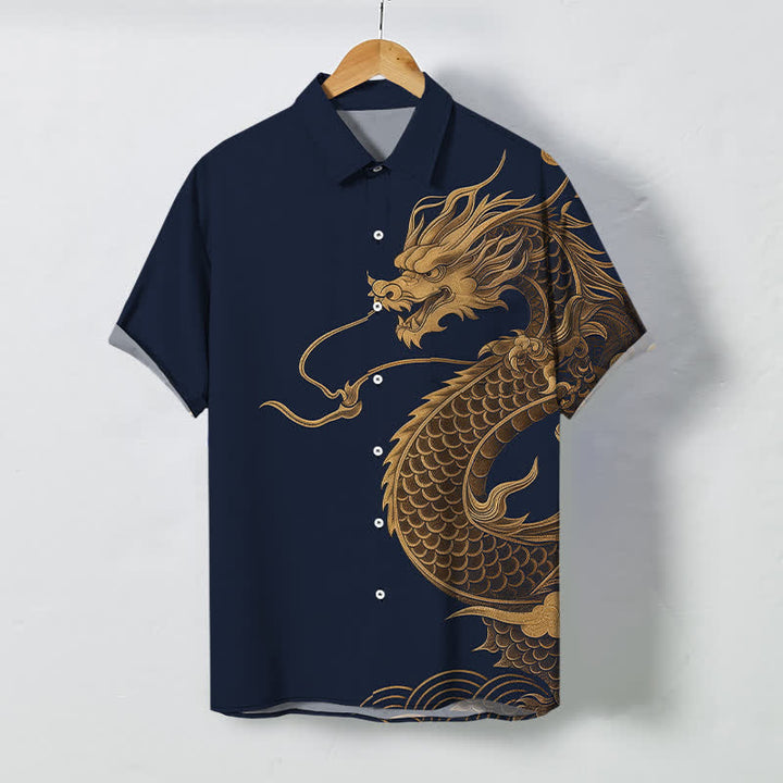Buddha Stones Golden Eastern Dragon Pattern Buttons Breathable Men's Short Sleeve Shirt - MidnightBlue - US/UK/AU48，EU58 (4XL) - image 7