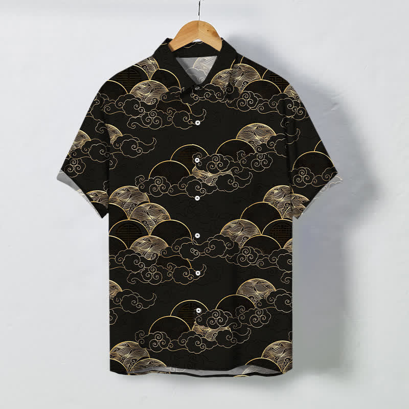 Buddha Stones Golden Cloud Wave Moon Pattern Buttons Breathable Men's Short Sleeve Shirt - Black - US/UK/AU48，EU58 (4XL) - image 0